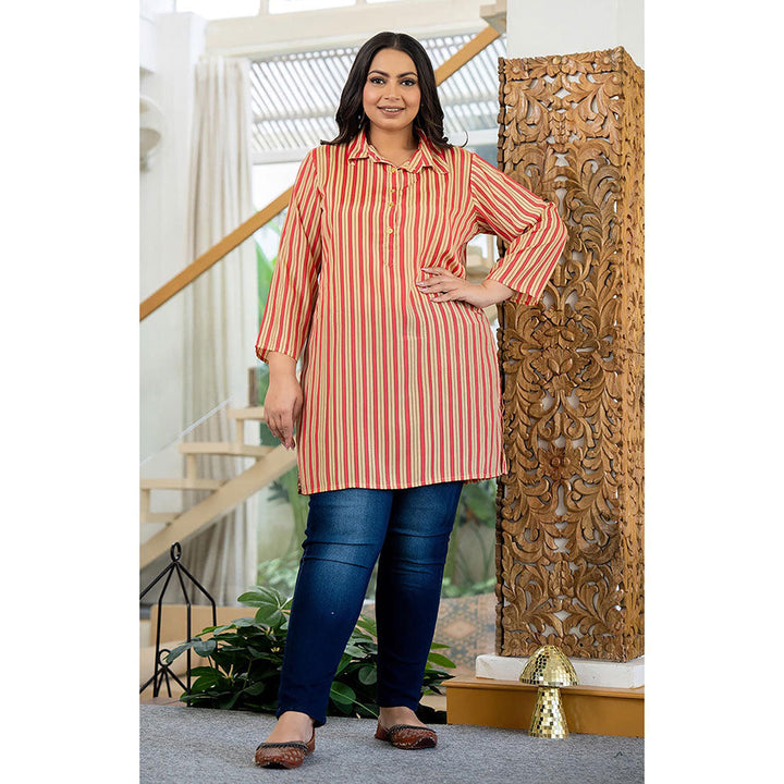 KAAJH Beige and Red Striped Viscose Rayon Plus Size Kurta