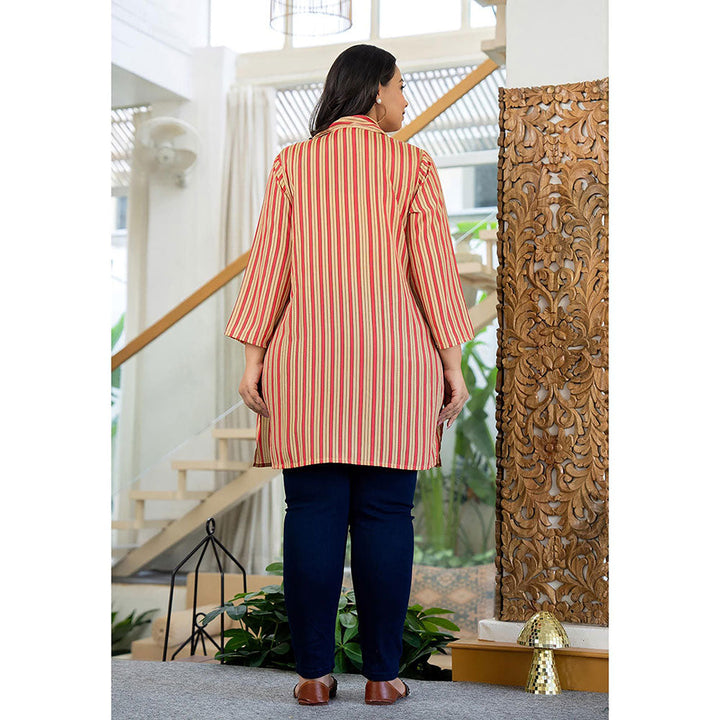 KAAJH Beige and Red Striped Viscose Rayon Plus Size Kurta