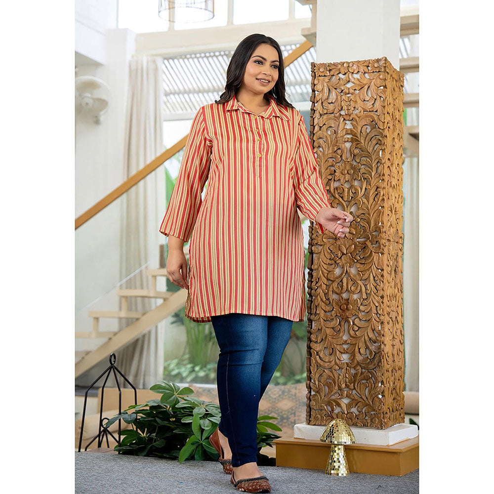 KAAJH Beige and Red Striped Viscose Rayon Plus Size Kurta