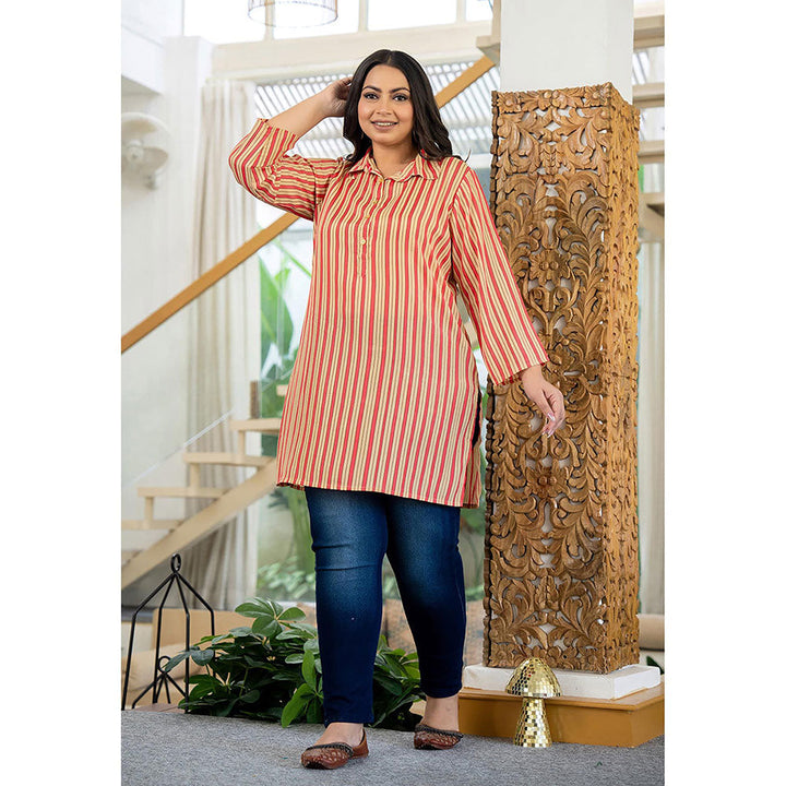 KAAJH Beige and Red Striped Viscose Rayon Plus Size Kurta