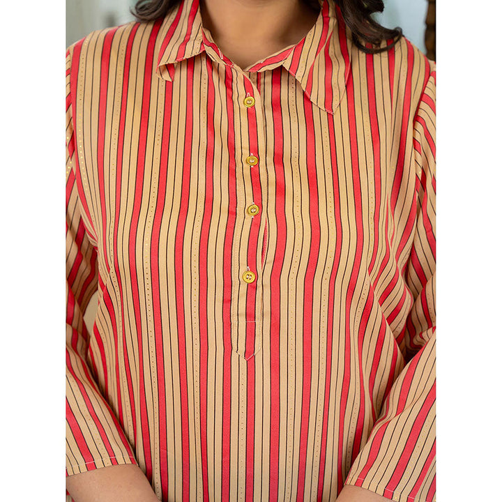 KAAJH Beige and Red Striped Viscose Rayon Plus Size Kurta