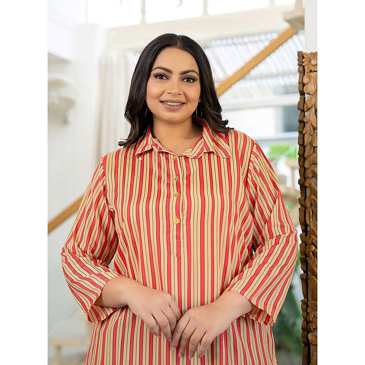 KAAJH Beige and Red Striped Viscose Rayon Plus Size Kurta