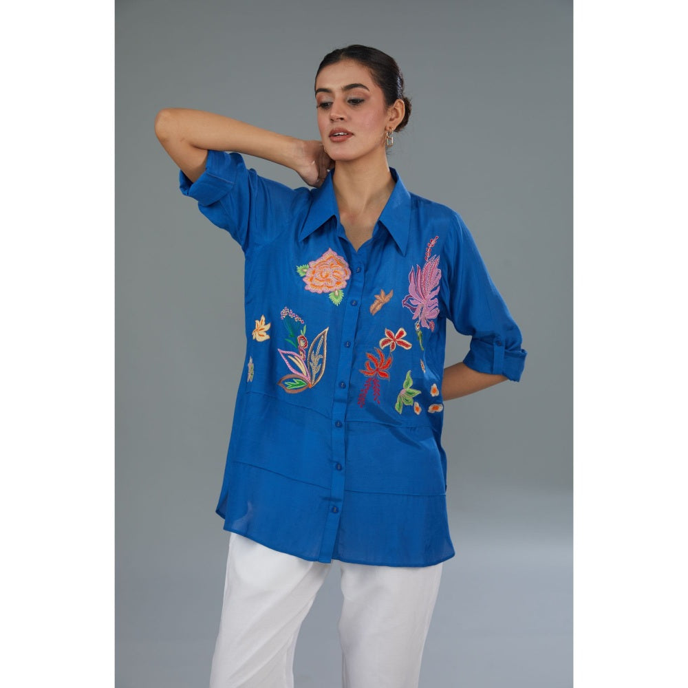 Kahani Lush Blue Embroidered Shirt