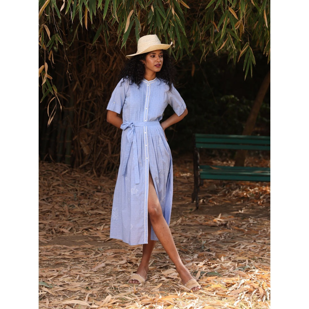 Kahani Lush Blue Cotton Blue Midi Dress with Belt (Set of 2)
