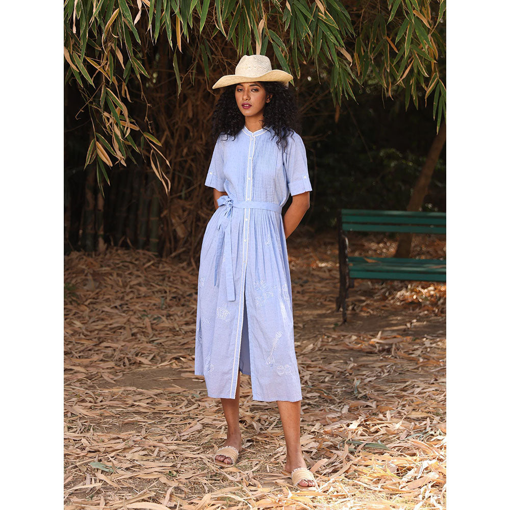 Kahani Lush Blue Cotton Blue Midi Dress with Belt (Set of 2)