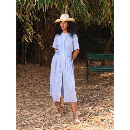 Kahani Lush Blue Cotton Blue Midi Dress with Belt (Set of 2)