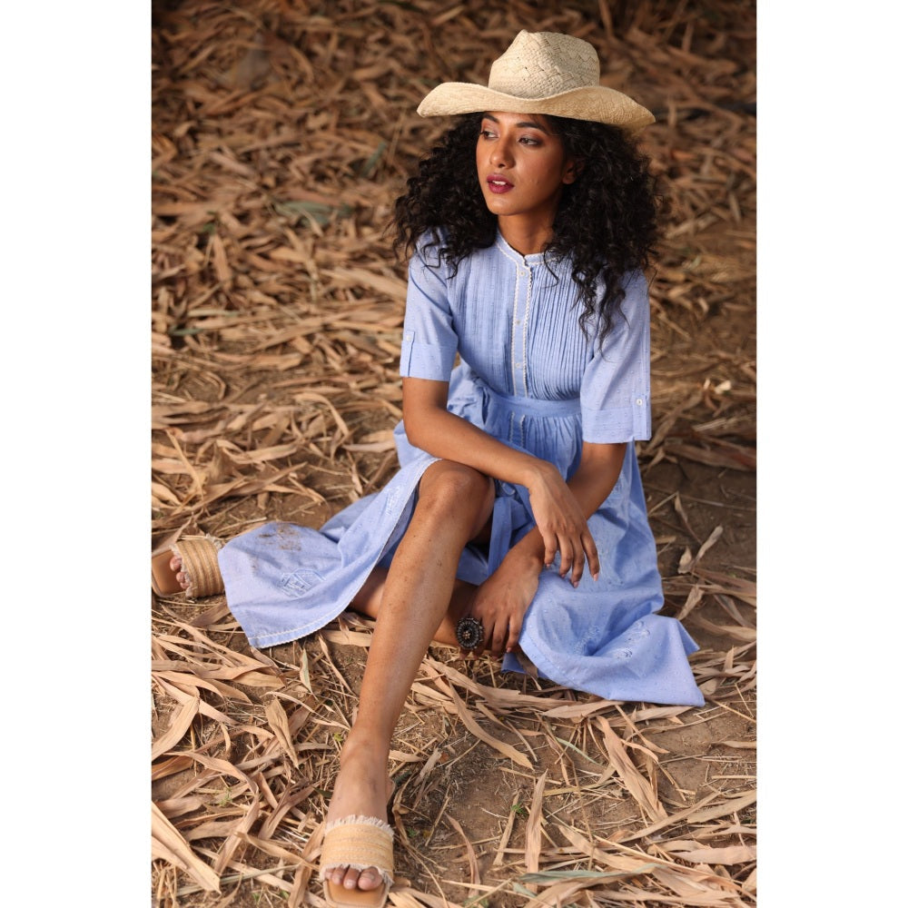 Kahani Lush Blue Cotton Blue Midi Dress with Belt (Set of 2)