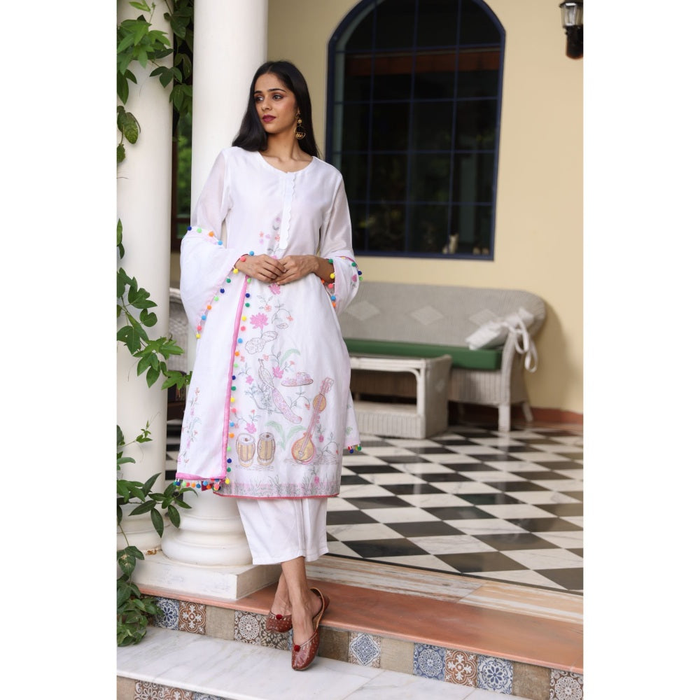Kahani Lush White Embroidery Kurta & Pant with Dupatta (Set of 3)