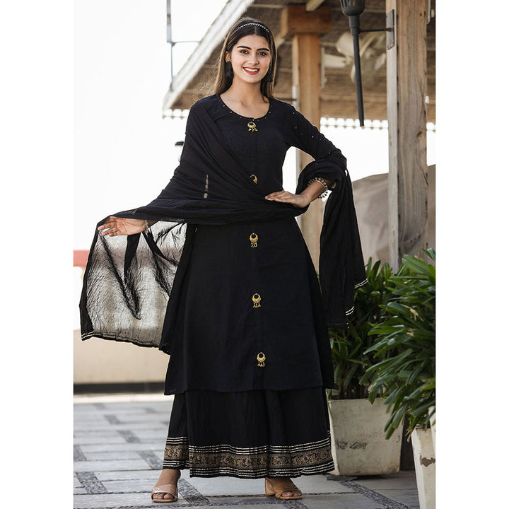 KAAJH Black Embellished Kurta Sharara With Dupatta (Set of 3)