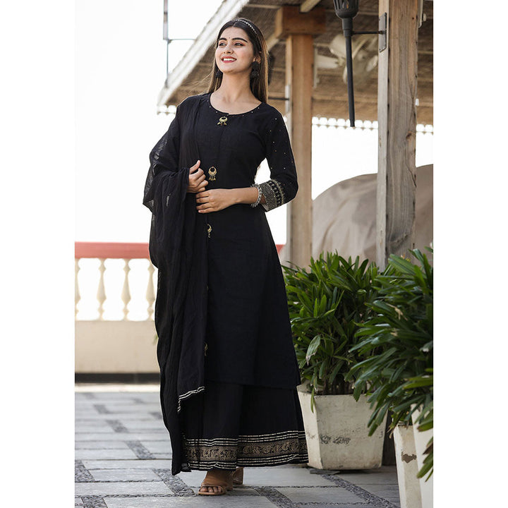 KAAJH Black Embellished Kurta Sharara With Dupatta (Set of 3)