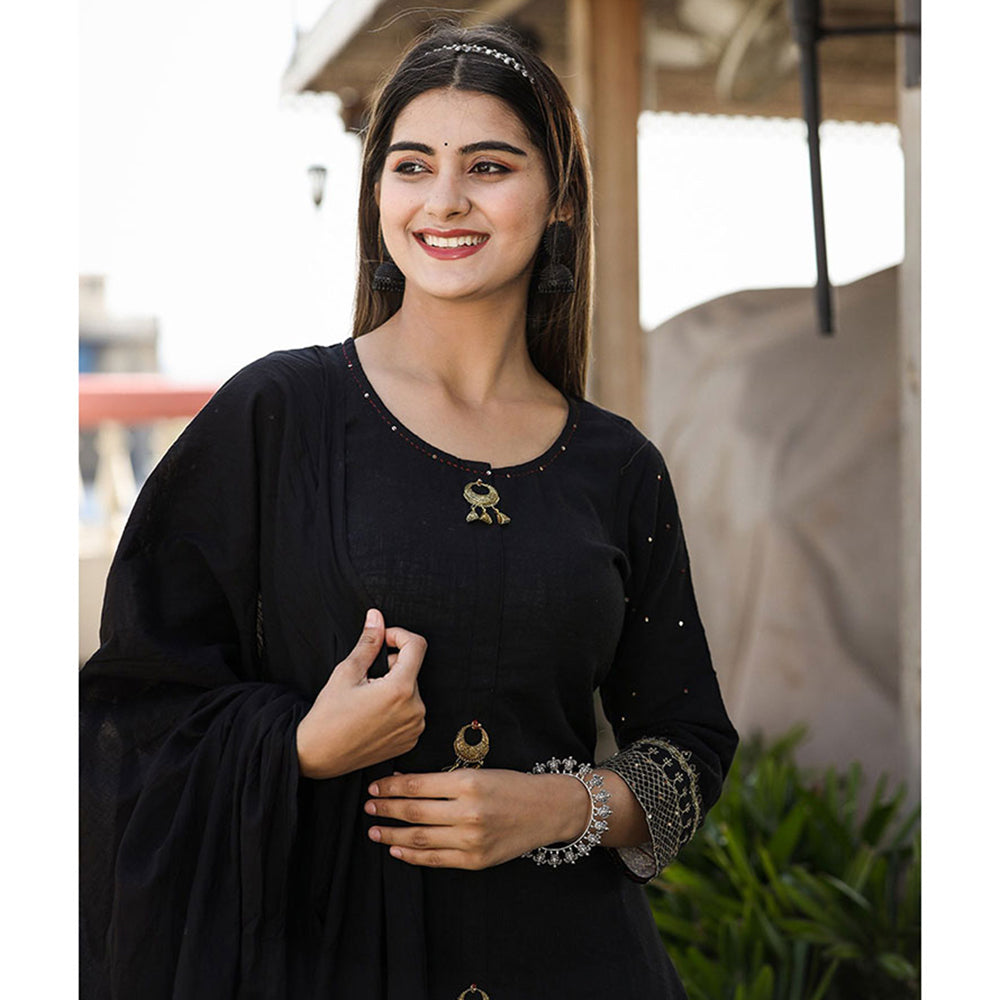 KAAJH Black Embellished Kurta Sharara With Dupatta (Set of 3)