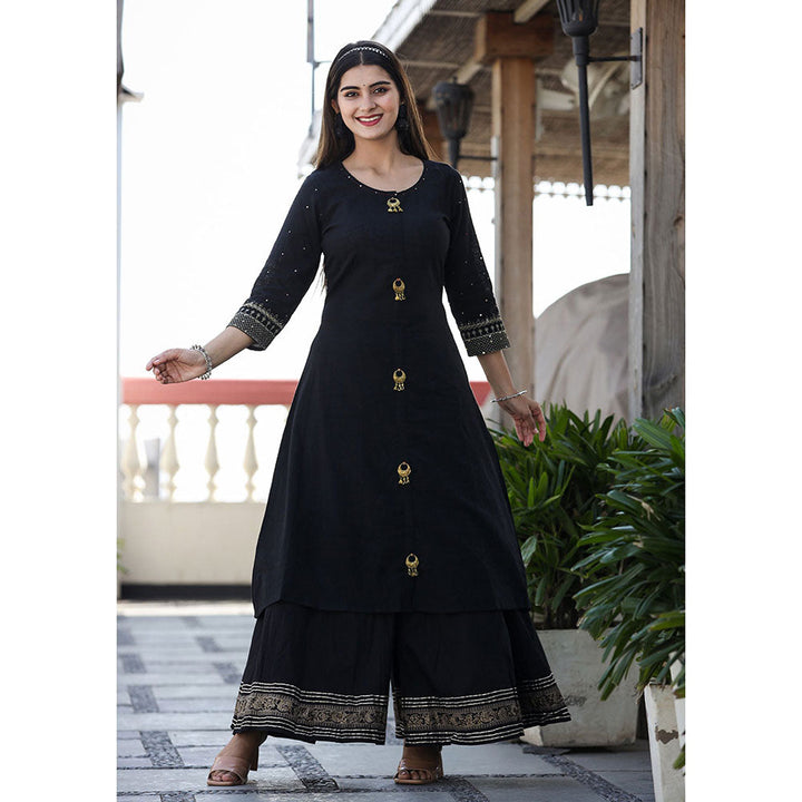 KAAJH Black Embellished Kurta Sharara With Dupatta (Set of 3)