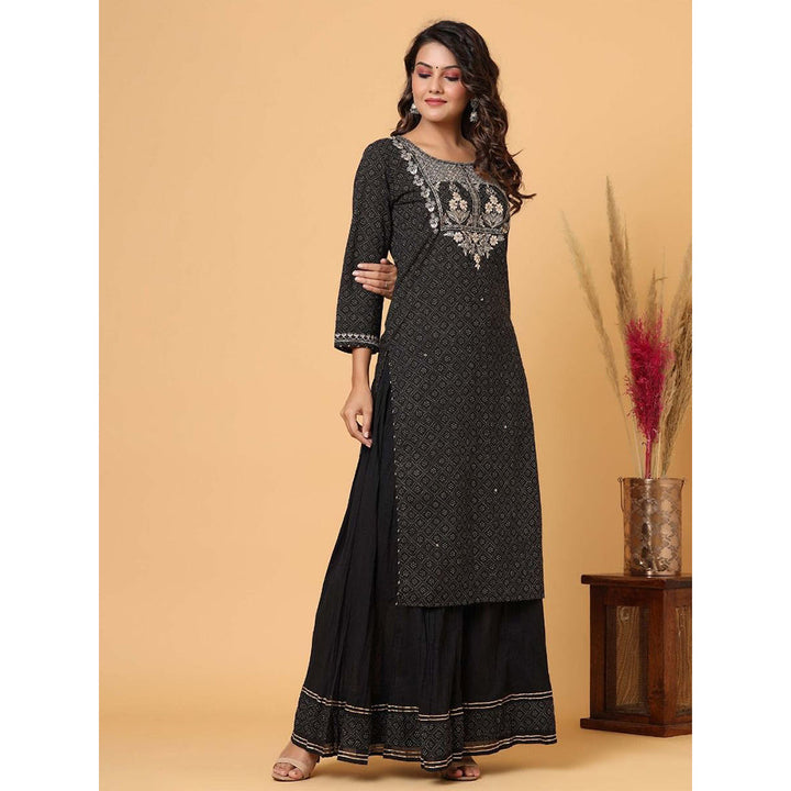 KAAJH Black Embellished Cotton Kurta Sharara (Set of 2)