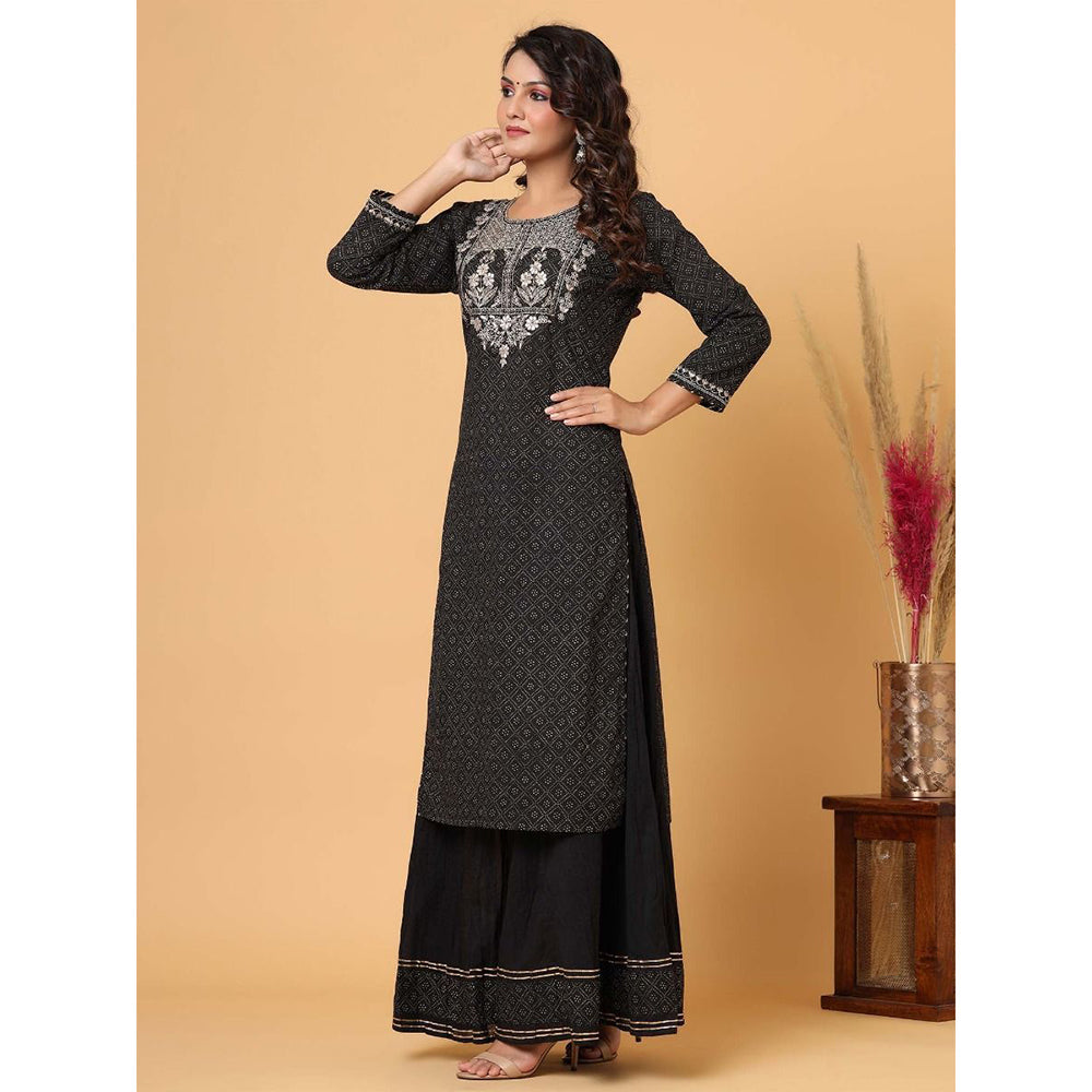 KAAJH Black Embellished Cotton Kurta Sharara (Set of 2)