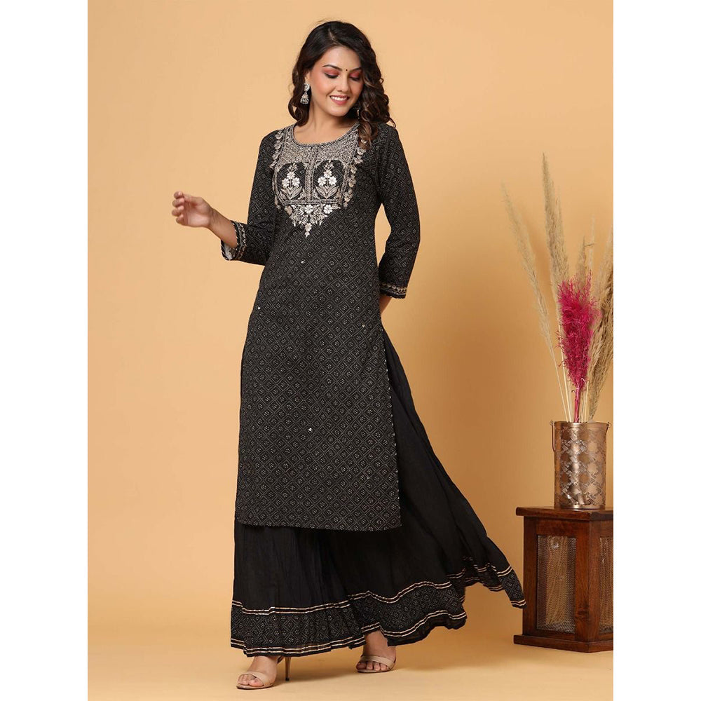 KAAJH Black Embellished Cotton Kurta Sharara (Set of 2)