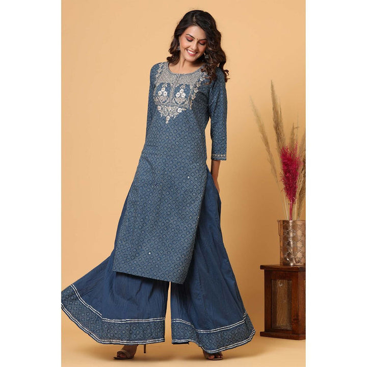 KAAJH Blue Embellished Cotton Kurta Sharara (Set of 2)