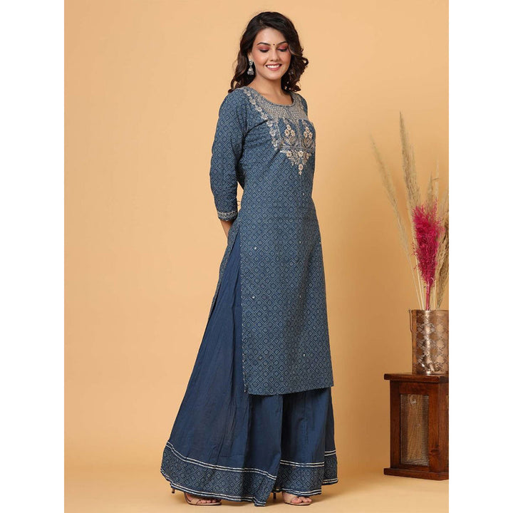 KAAJH Blue Embellished Cotton Kurta Sharara (Set of 2)