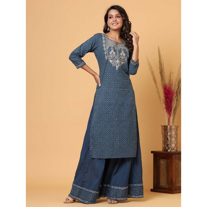 KAAJH Blue Embellished Cotton Kurta Sharara (Set of 2)