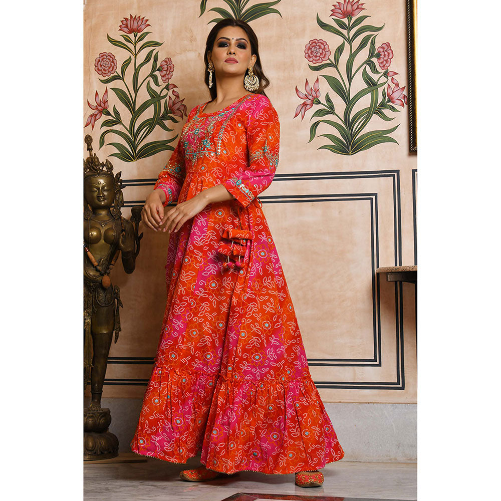 KAAJH Orange Bandhej Print Cotton Ethnic Dress