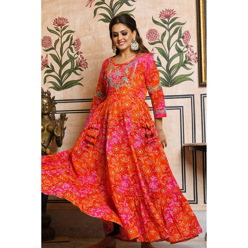 KAAJH Orange Bandhej Print Cotton Ethnic Dress