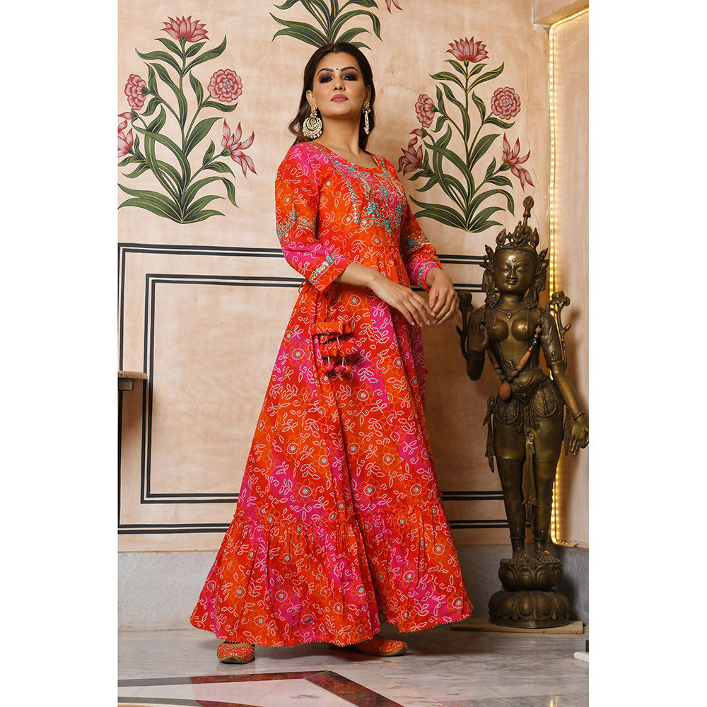 KAAJH Orange Bandhej Print Cotton Ethnic Dress