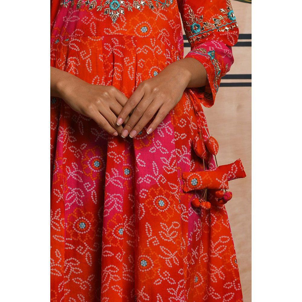 KAAJH Orange Bandhej Print Cotton Ethnic Dress