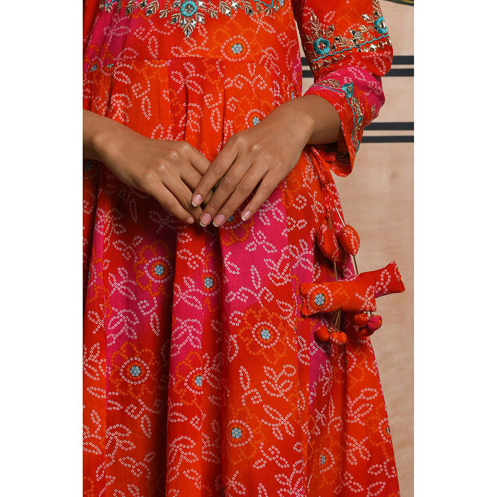 KAAJH Orange Bandhej Print Cotton Ethnic Dress