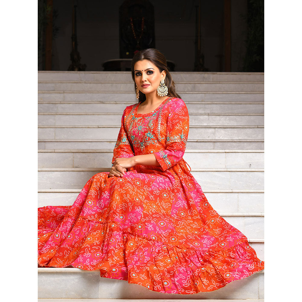 KAAJH Orange Bandhej Print Cotton Ethnic Dress