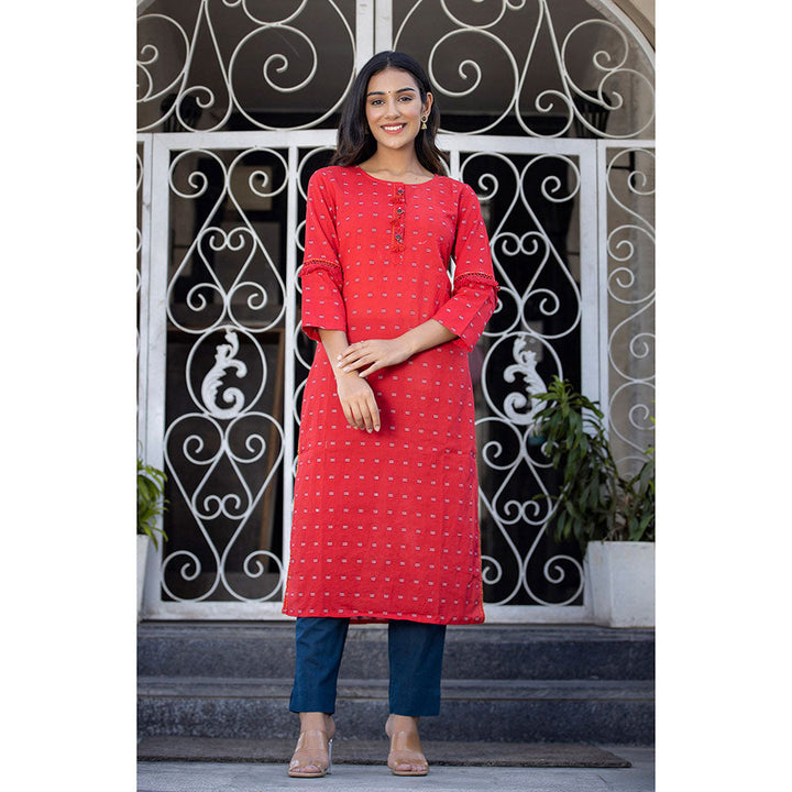 KAAJH Red Printed Cotton Kurta Pant (Set of 2)