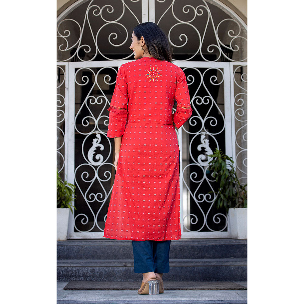 KAAJH Red Printed Cotton Kurta Pant (Set of 2)