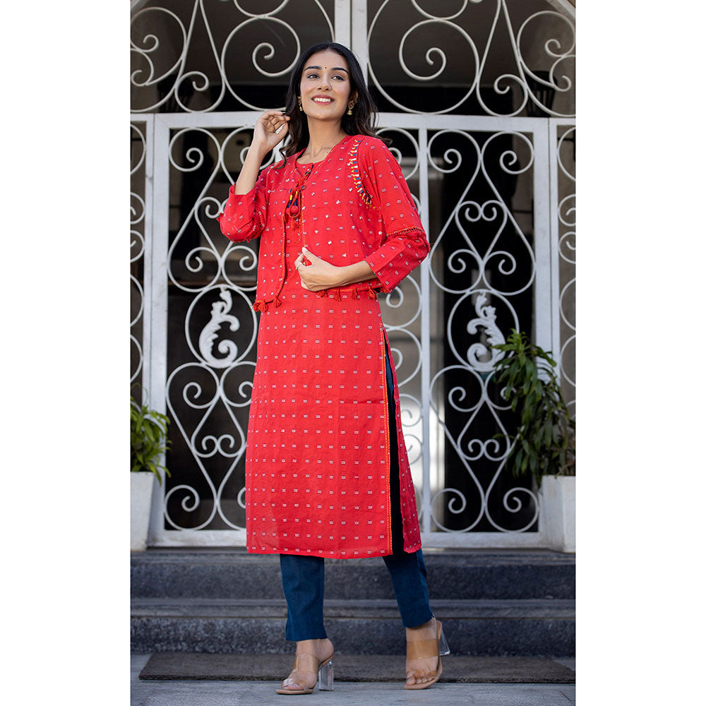 KAAJH Red Printed Cotton Kurta Pant (Set of 2)