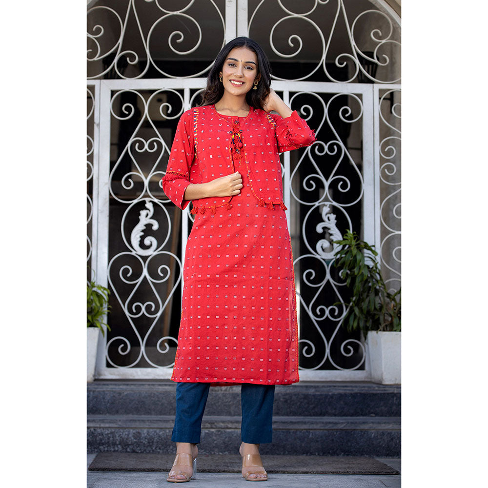 KAAJH Red Printed Cotton Kurta Pant (Set of 2)