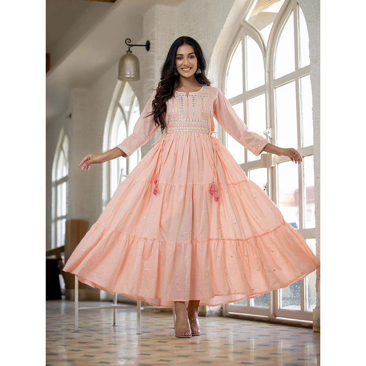 KAAJH Peach Mirror Embroidered Long Flared Gown