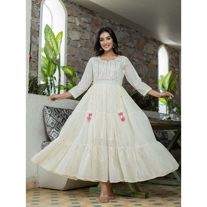 KAAJH White Mirror Embroidered Long Flared Gown