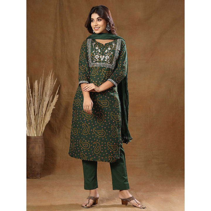 KAAJH Green Bandhani Cotton Suit (Set of 3)