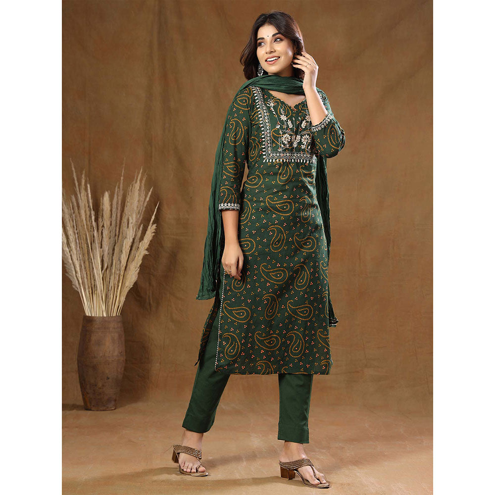 KAAJH Green Bandhani Cotton Suit (Set of 3)