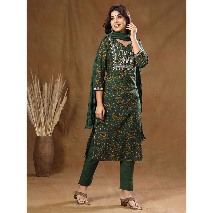 KAAJH Green Bandhani Cotton Suit (Set of 3)