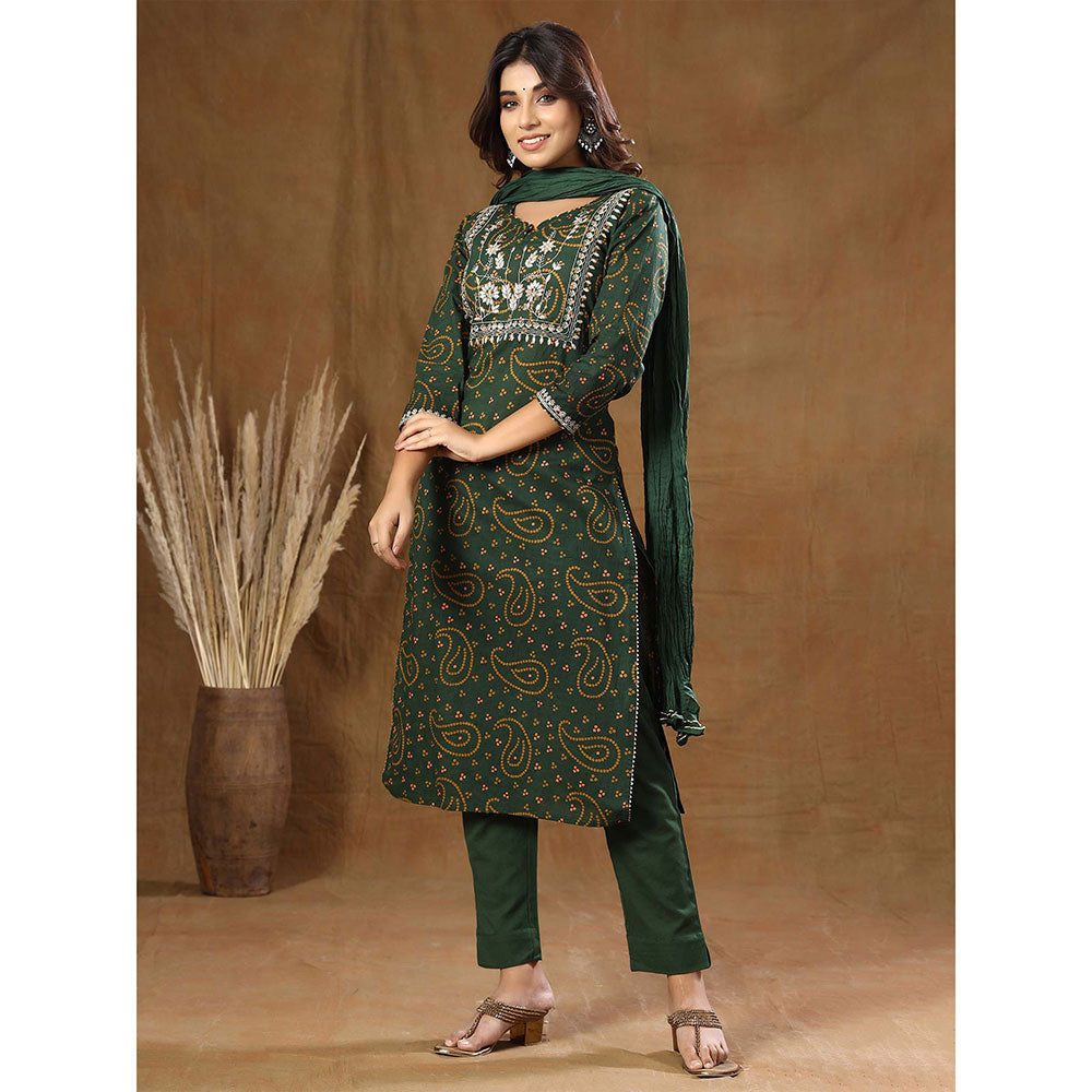 KAAJH Green Bandhani Cotton Suit (Set of 3)