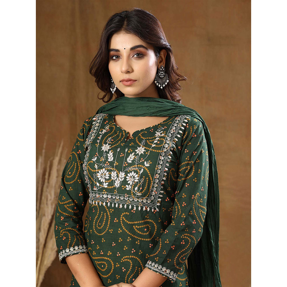 KAAJH Green Bandhani Cotton Suit (Set of 3)