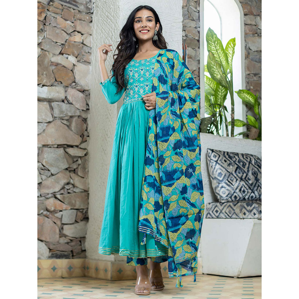 KAAJH Aqua Blue Cotton Anarkali Suit (Set of 3)