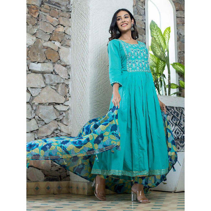 KAAJH Aqua Blue Cotton Anarkali Suit (Set of 3)