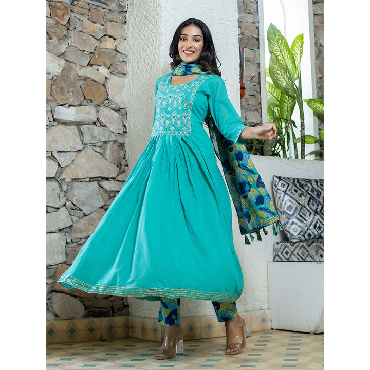 KAAJH Aqua Blue Cotton Anarkali Suit (Set of 3)