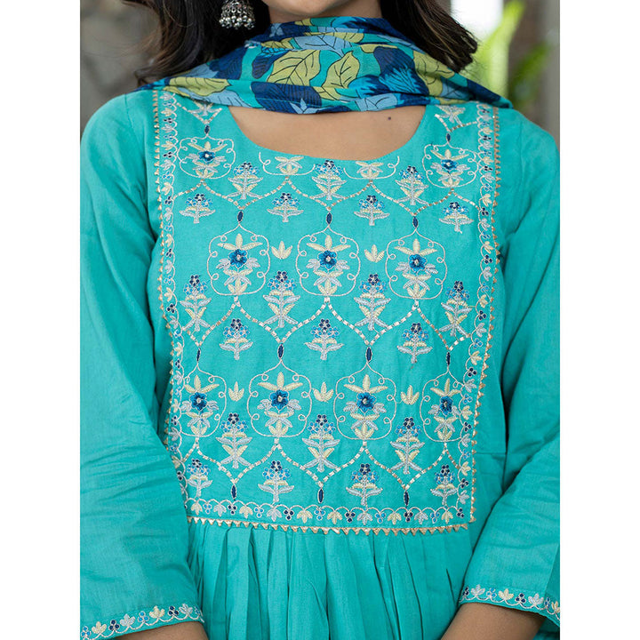 KAAJH Aqua Blue Cotton Anarkali Suit (Set of 3)