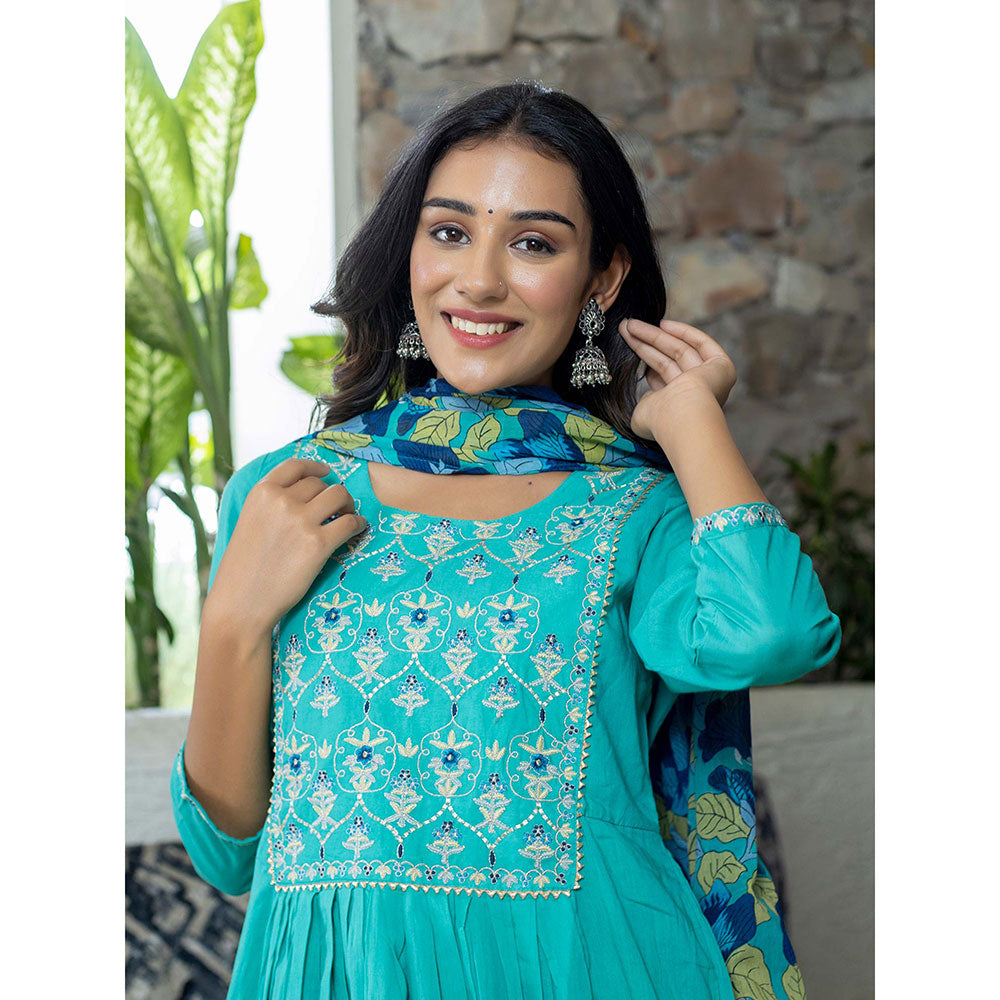 KAAJH Aqua Blue Cotton Anarkali Suit (Set of 3)