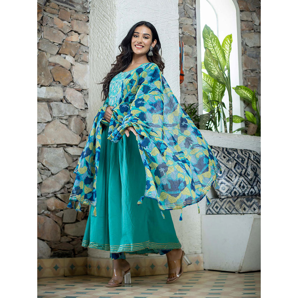 KAAJH Aqua Blue Cotton Anarkali Suit (Set of 3)