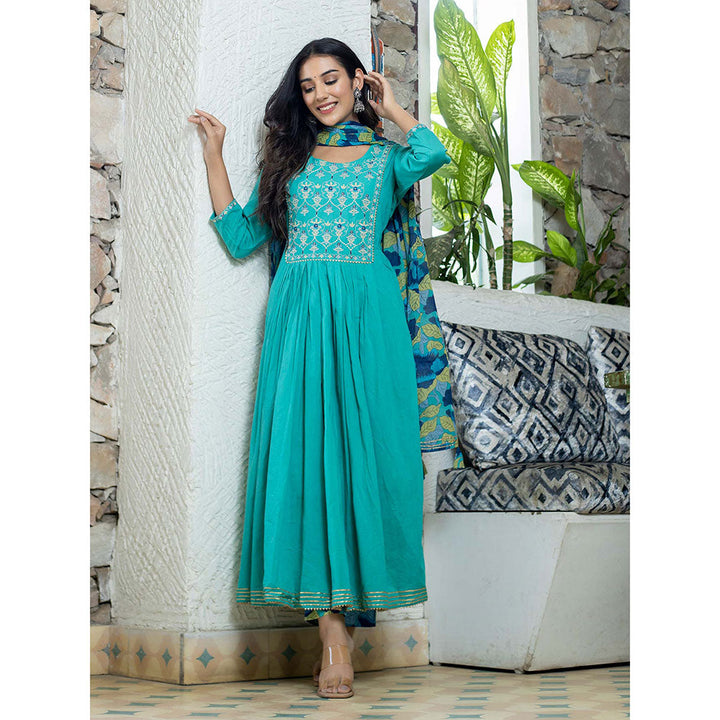 KAAJH Aqua Blue Cotton Anarkali Suit (Set of 3)