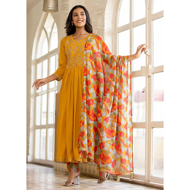 KAAJH Mustard Cotton Anarkali Suit (Set of 3)