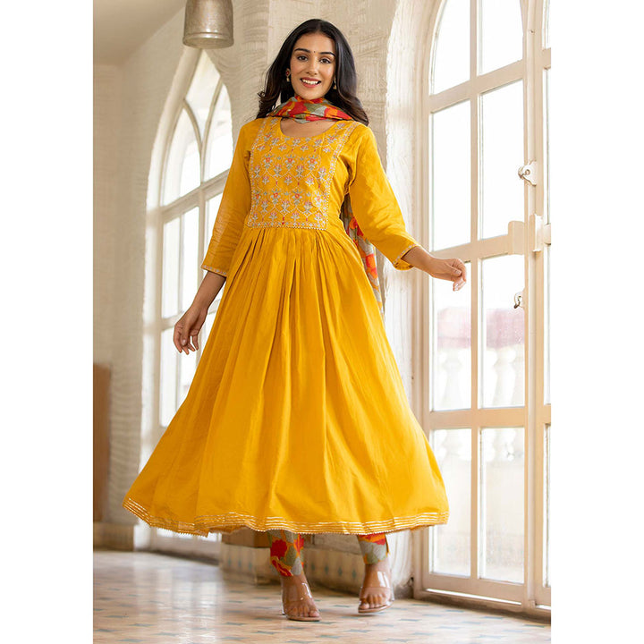 KAAJH Mustard Cotton Anarkali Suit (Set of 3)