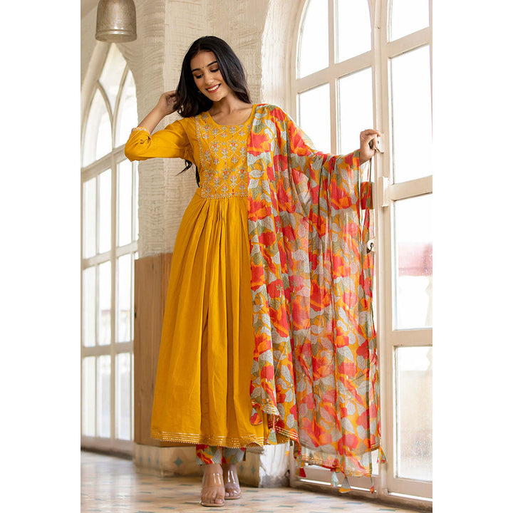 KAAJH Mustard Cotton Anarkali Suit (Set of 3)