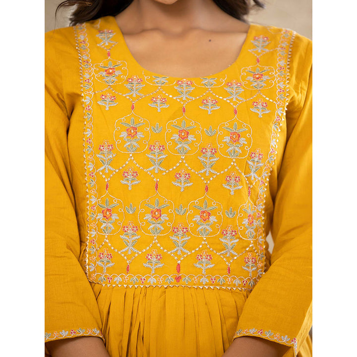 KAAJH Mustard Cotton Anarkali Suit (Set of 3)